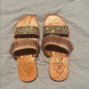 Beaded Fringe Slide Sandals in Metallic Bronze